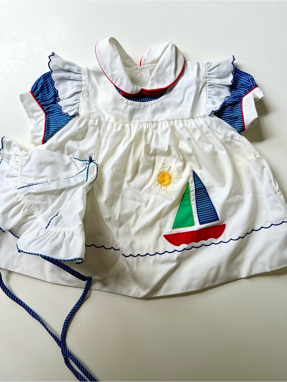 Vintage Nautical Sailboat Baby Dress and Bonnet Set